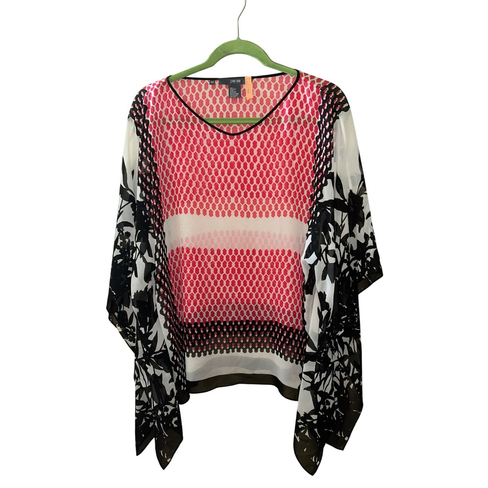 Per Se 100% Silk Poncho Top Red White Geometric Black Floral Blouse XS
